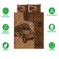 School bus driver quilt bedding set shown with bus artwork and a warm brown vintage-inspired design