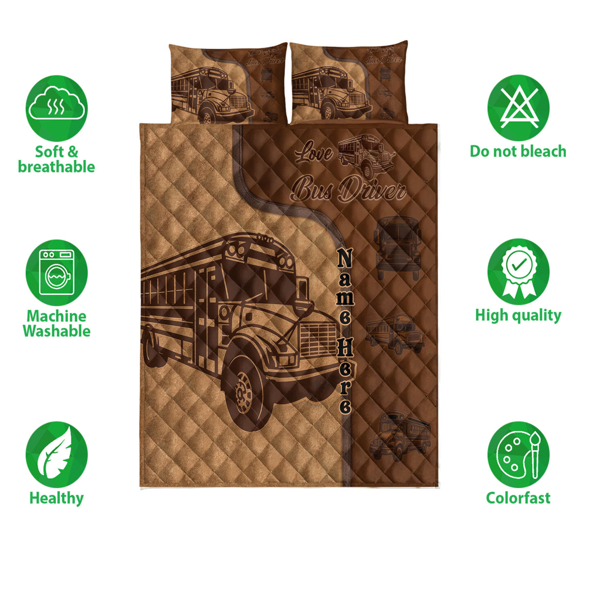 School bus driver quilt bedding set shown with bus artwork and a warm brown vintage-inspired design
