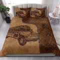 School bus driver quilt blanket styled in a bright bedroom with vintage school bus artwork