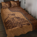 Brown dump truck quilt blanket bedding set displayed on a bed with matching truck artwork