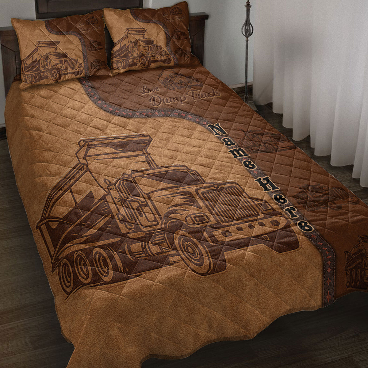 Brown dump truck quilt blanket bedding set displayed on a bed with matching truck artwork