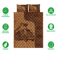 Dump truck quilt bedding set shown with product feature icons and full brown truck-themed design
