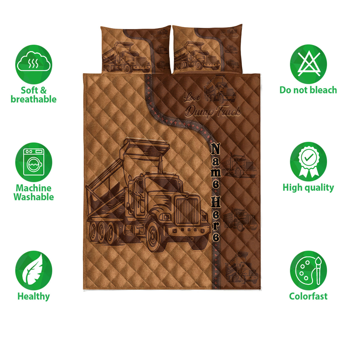 Dump truck quilt bedding set shown with product feature icons and full brown truck-themed design