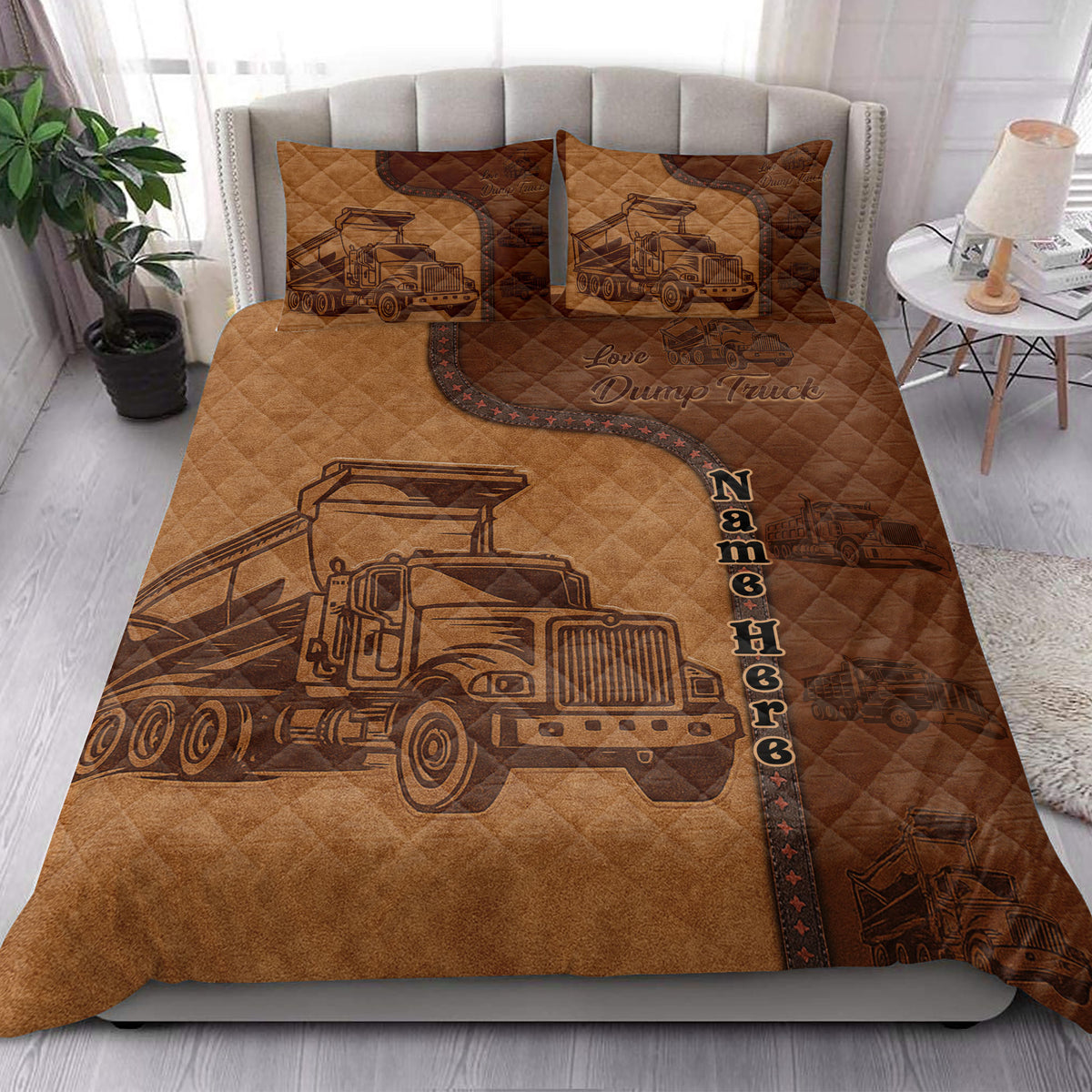 Dump truck quilt blanket styled in a bright bedroom with bold construction vehicle artwork