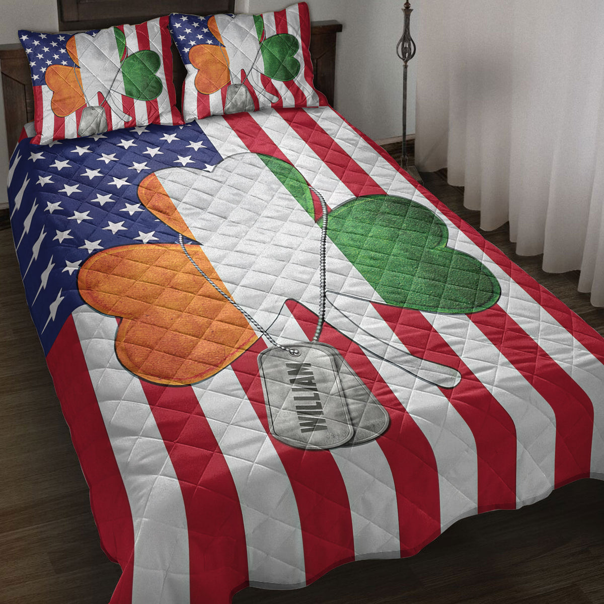 Veteran quilt blanket displayed on a bed with American flag stripes, stars, colorful hearts, and dog tag artwork