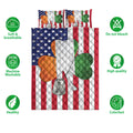 Veteran quilt bedding set shown with matching pillowcases, patriotic flag design, dog tags, and product feature icons
