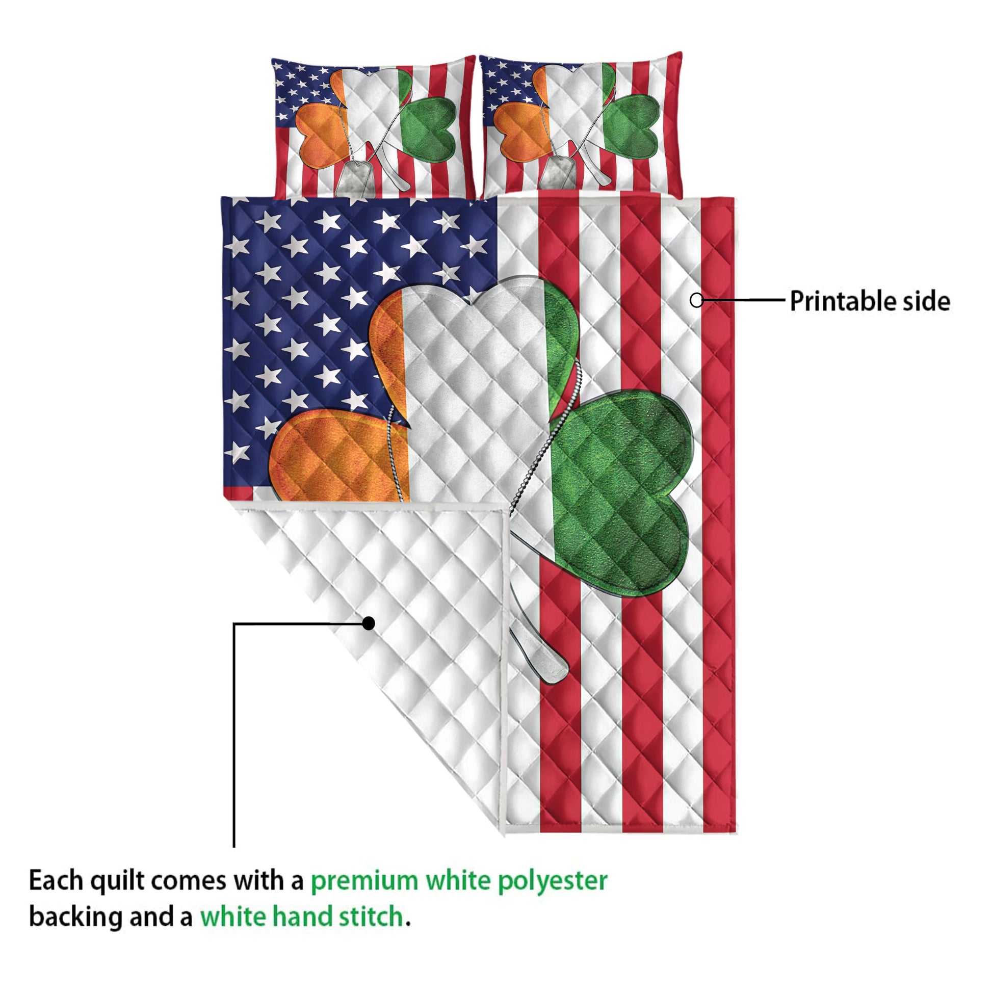 Veteran quilt showing the patriotic printed front and white quilted polyester backing