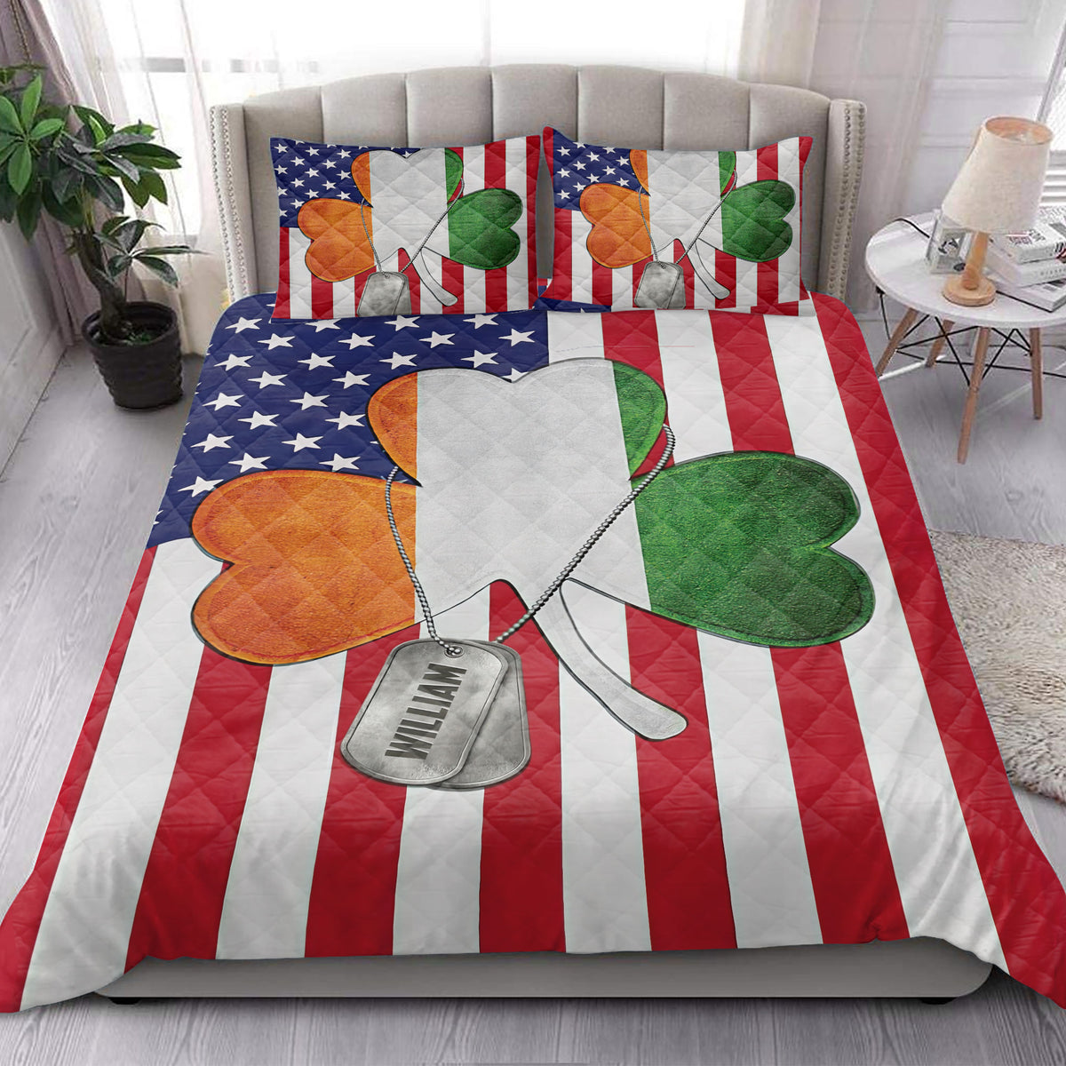 Patriotic Veteran quilt bedding styled in a bright bedroom with American flag stars, stripes, hearts, and dog tags