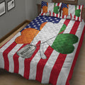 Close-up of Veteran quilt blanket featuring American flag stripes, stars, colorful hearts, and military dog tag artwork