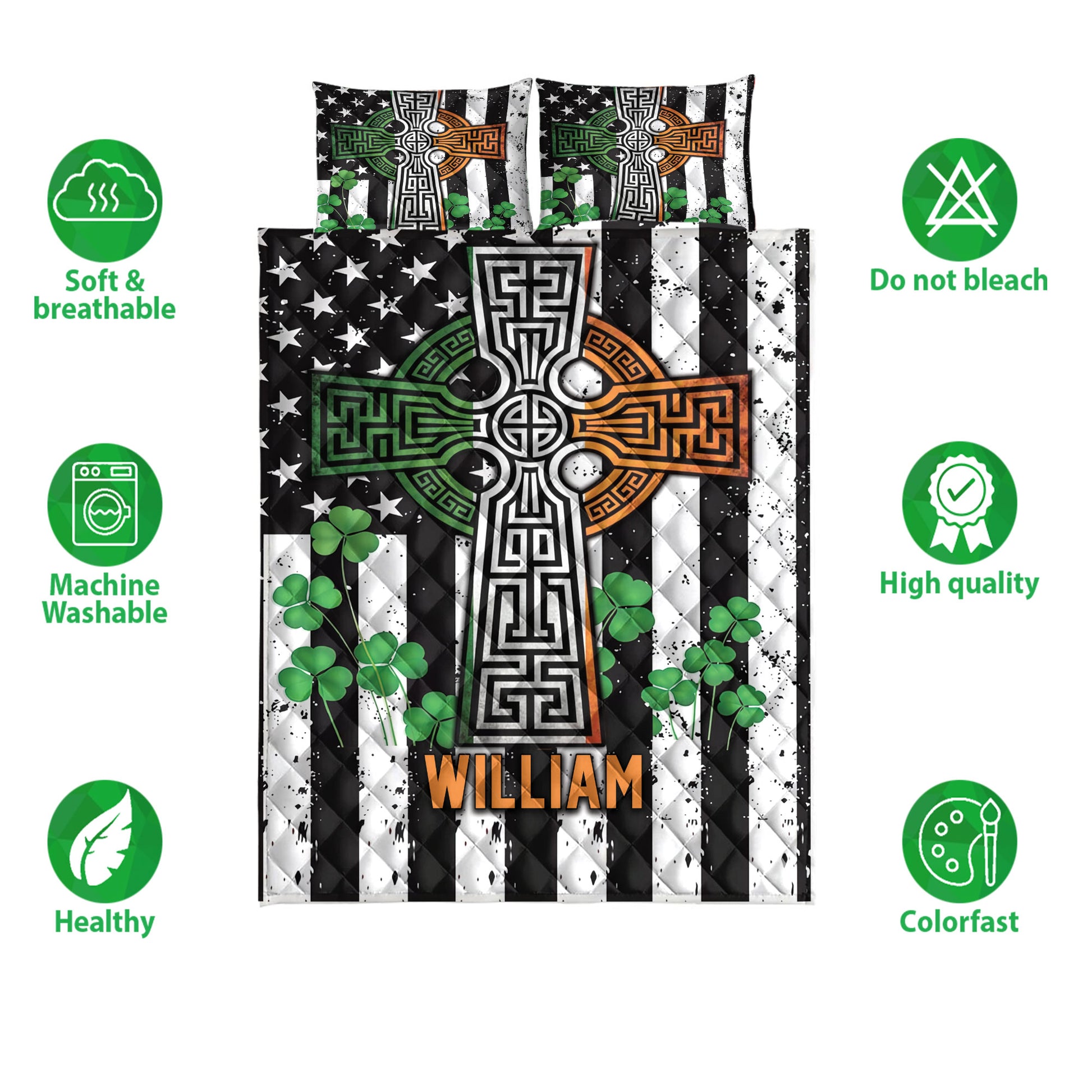Irish quilt bedding set with Celtic cross design, shamrocks, stars, and black, white, green, and orange colors