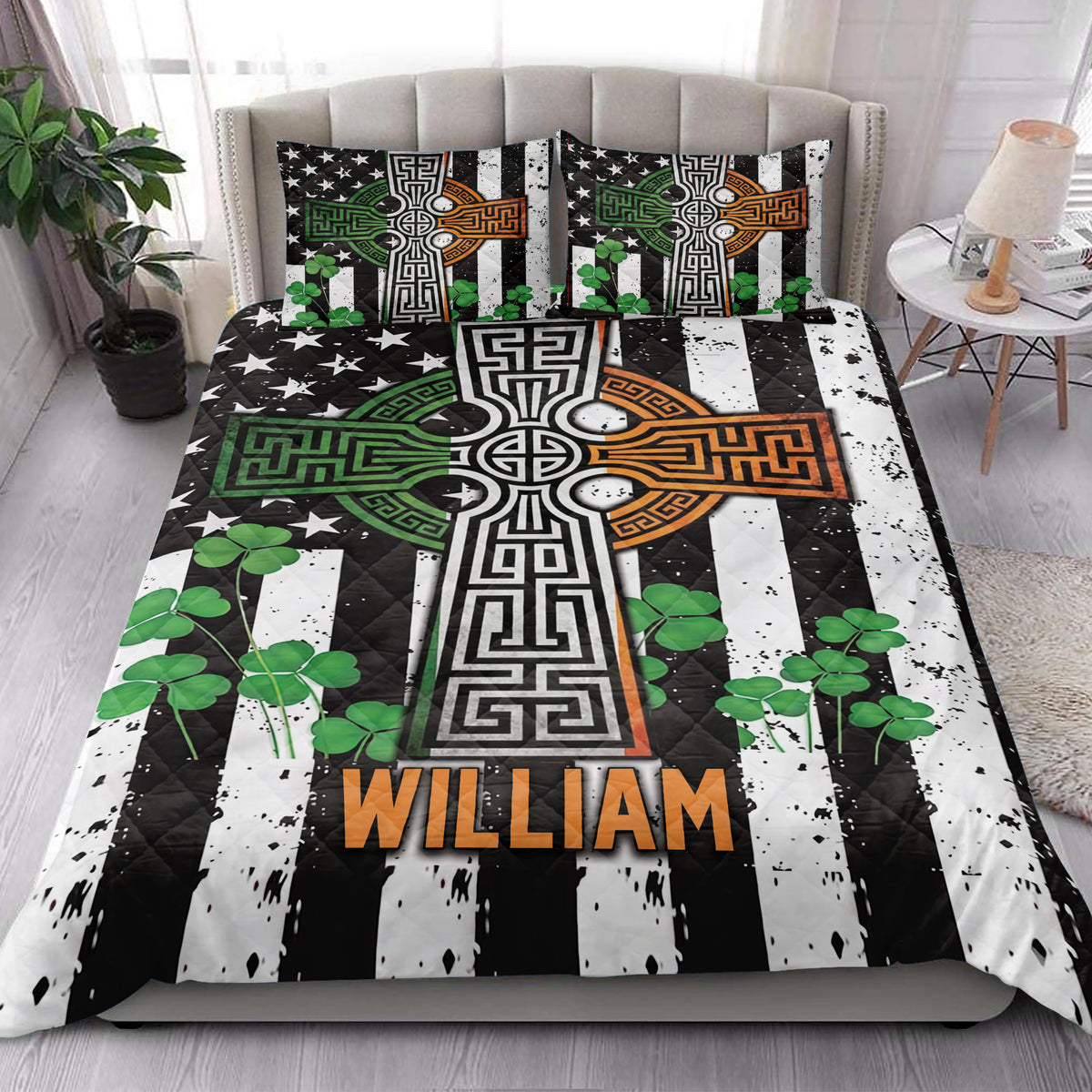 Irish Celtic cross quilt blanket styled in a bright bedroom with shamrocks and bold geometric artwork