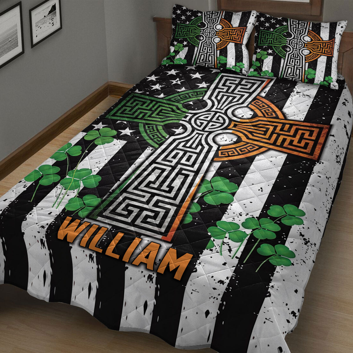 Irish shamrock and Celtic cross quilt blanket presented on a bed with black and white striped artwork