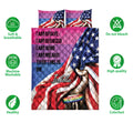 LGBT pride quilt bedding set with rainbow and flag-inspired artwork shown alongside feature icons