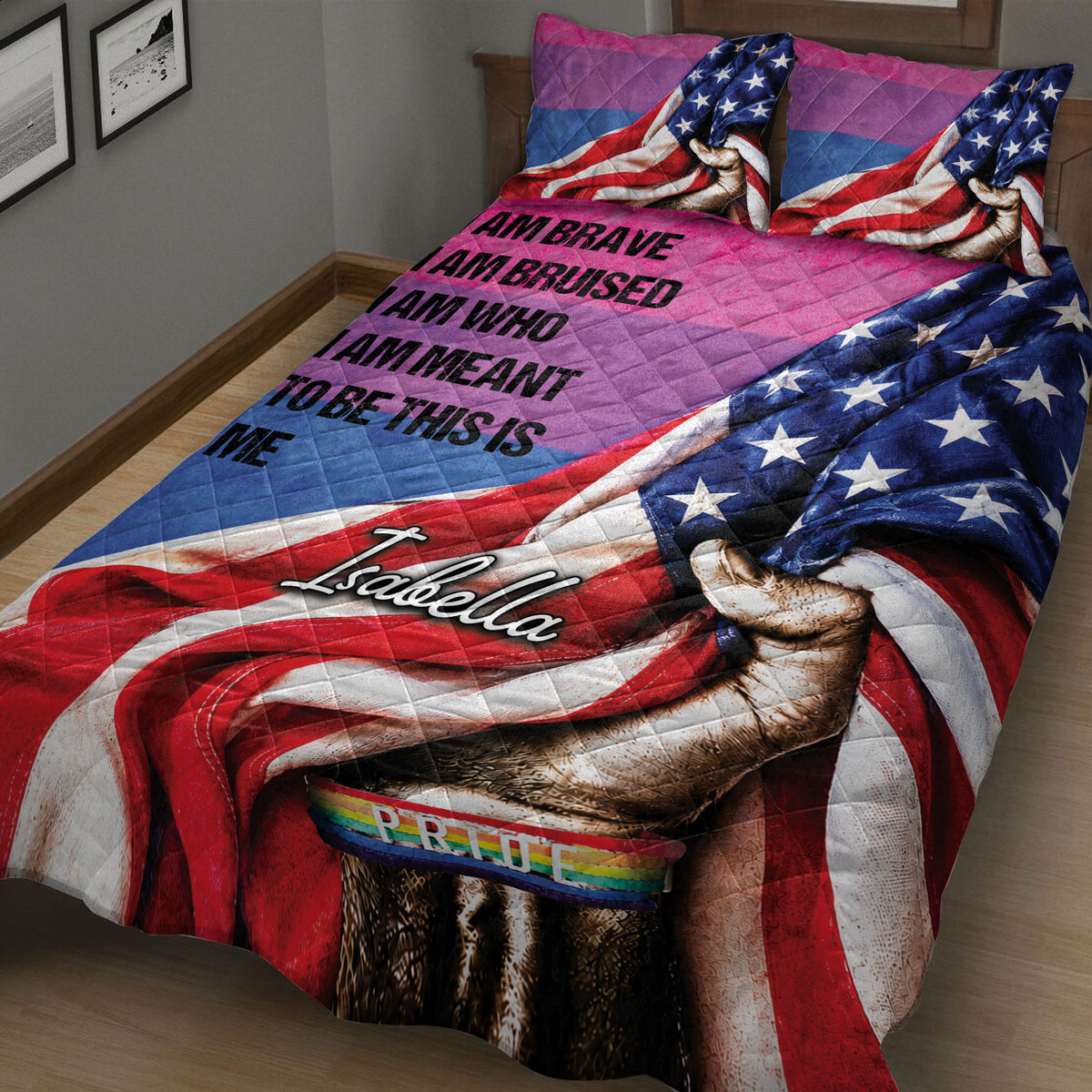Close-up LGBT pride bedding with bold rainbow and flag-inspired artwork spread across a bedroom