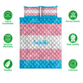 Transgender pride quilt bedding set shown flat with pink, white, and blue stripes