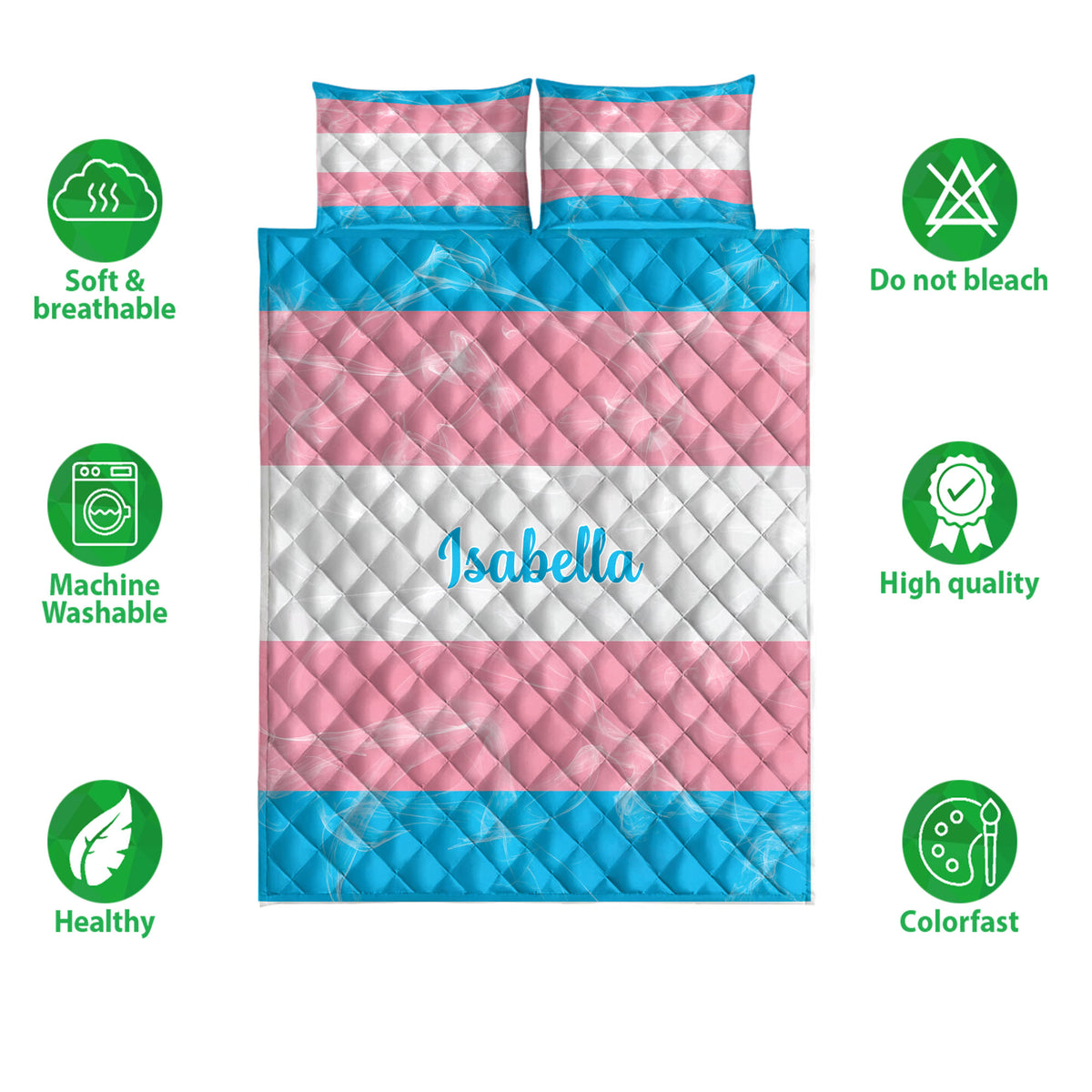 Transgender pride quilt bedding set shown flat with pink, white, and blue stripes