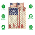Lacrosse quilt bedding set displayed flat with red stick artwork, blue accents, and product feature icons
