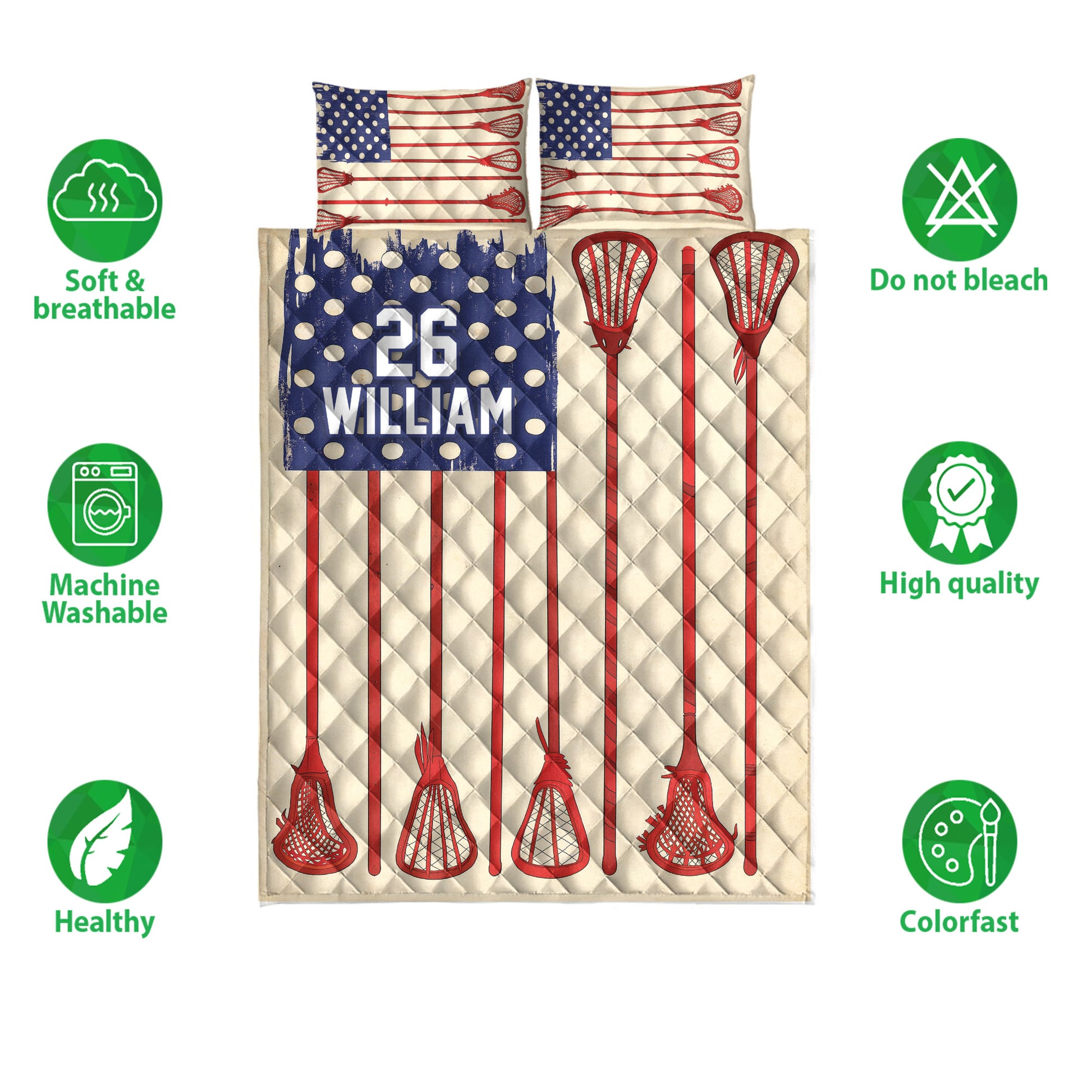 Lacrosse quilt bedding set displayed flat with red stick artwork, blue accents, and product feature icons