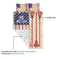 Lacrosse quilt shown with a printed front and white quilted backing in a product construction view
