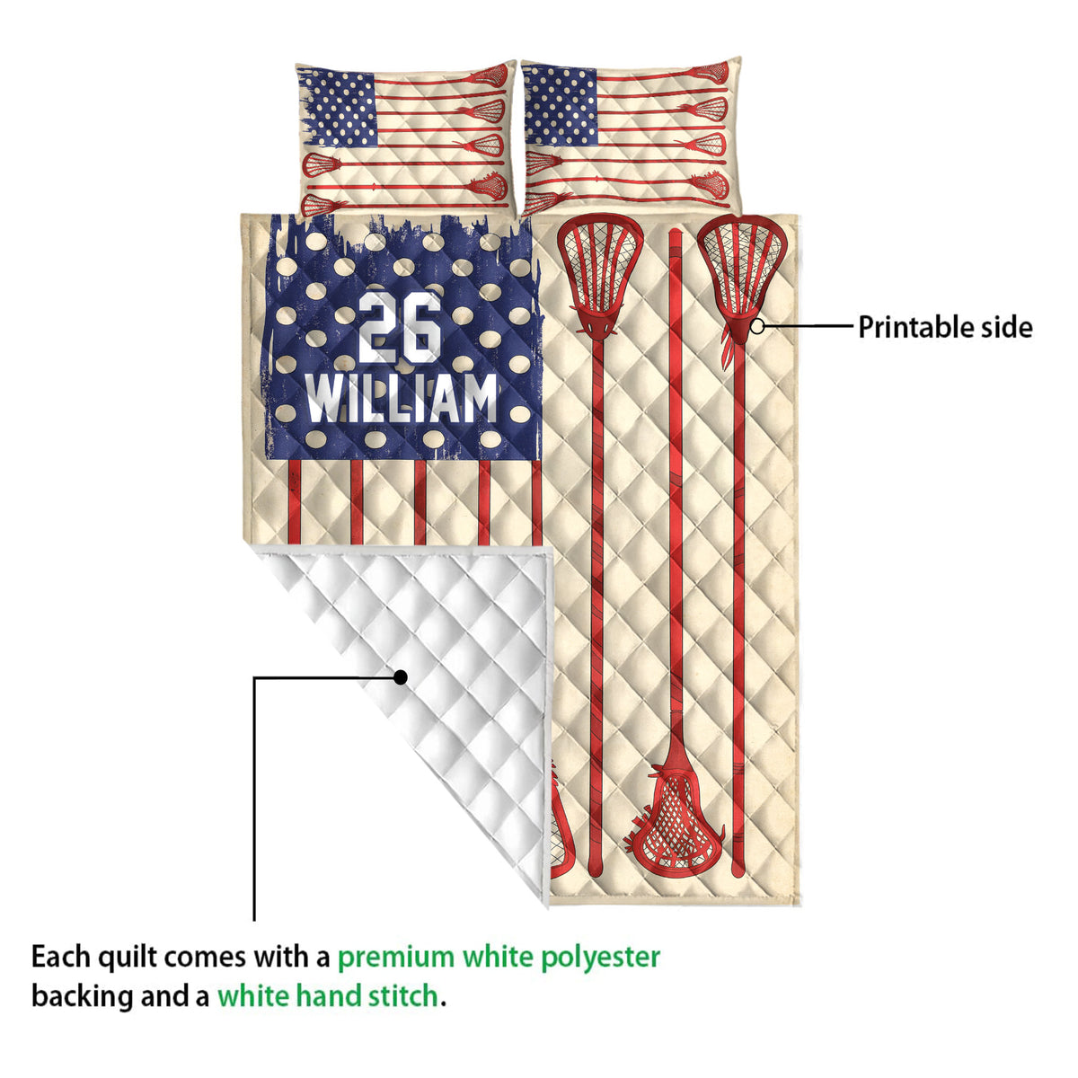 Lacrosse quilt shown with a printed front and white quilted backing in a product construction view