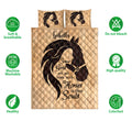 Horse and equestrian quilt bedding set shown with matching pillow artwork and product feature icons