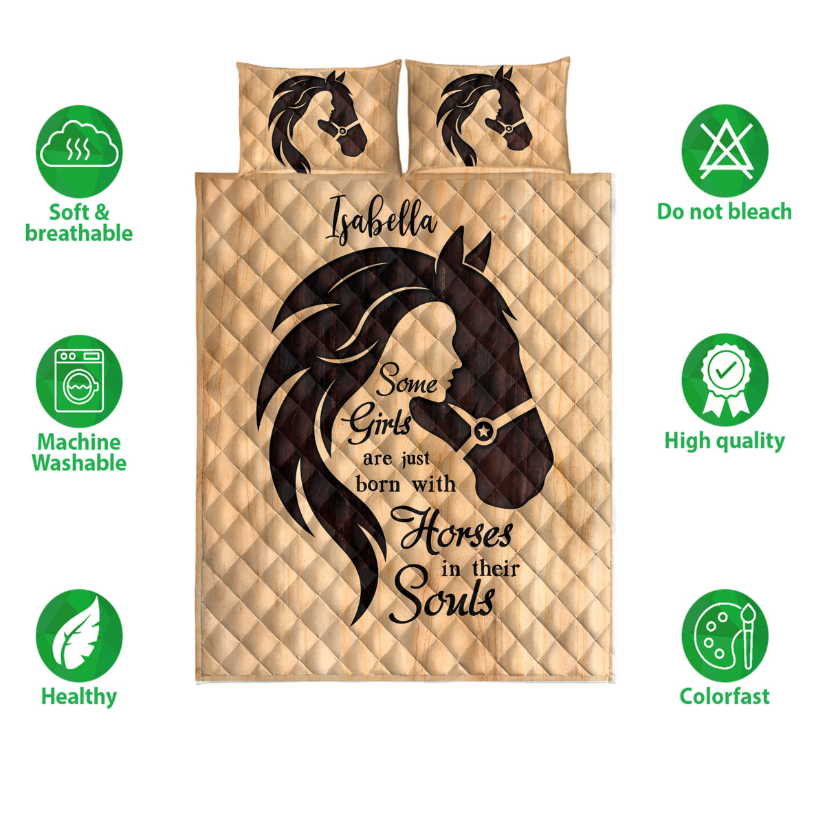 Horse and equestrian quilt bedding set shown with matching pillow artwork and product feature icons