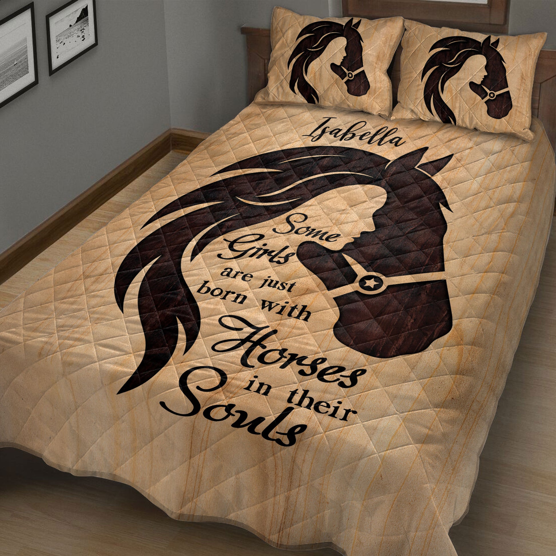 Close bedroom view of a horse and girl silhouette quilt blanket with dark equestrian artwork