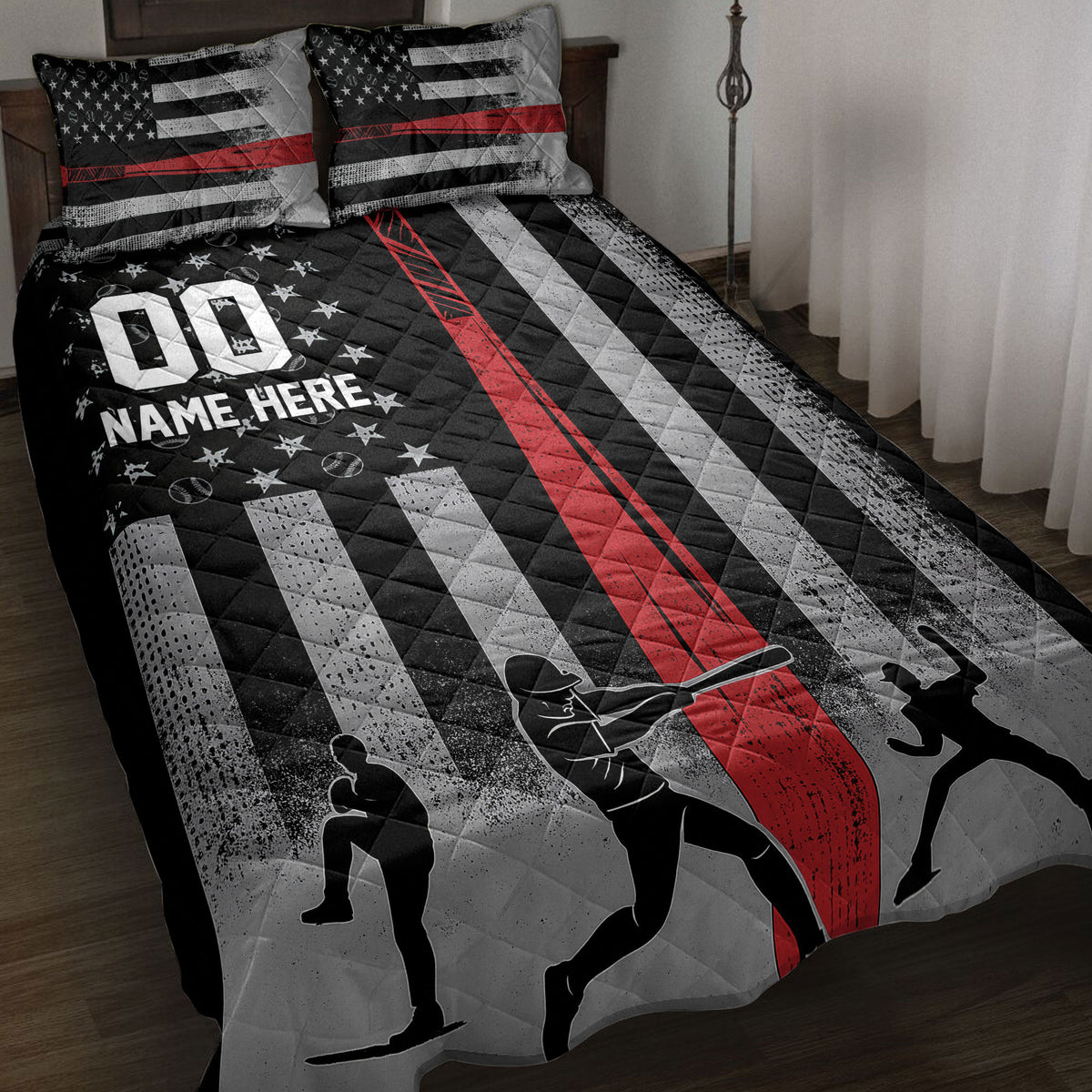 Baseball quilt blanket displayed on a bed with black, red, and gray stripes, baseball graphics, and player silhouettes