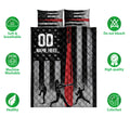 Baseball quilt bedding set shown front-on with batting silhouettes, baseball patterns, and bold black, red, and gray artwork