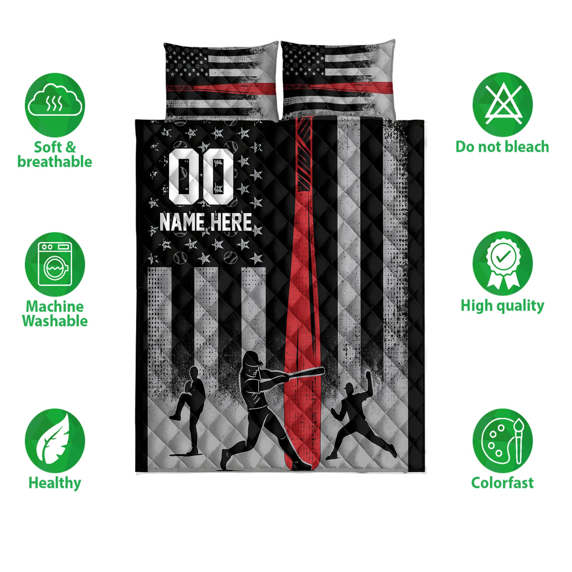 Baseball quilt bedding set shown front-on with batting silhouettes, baseball patterns, and bold black, red, and gray artwork