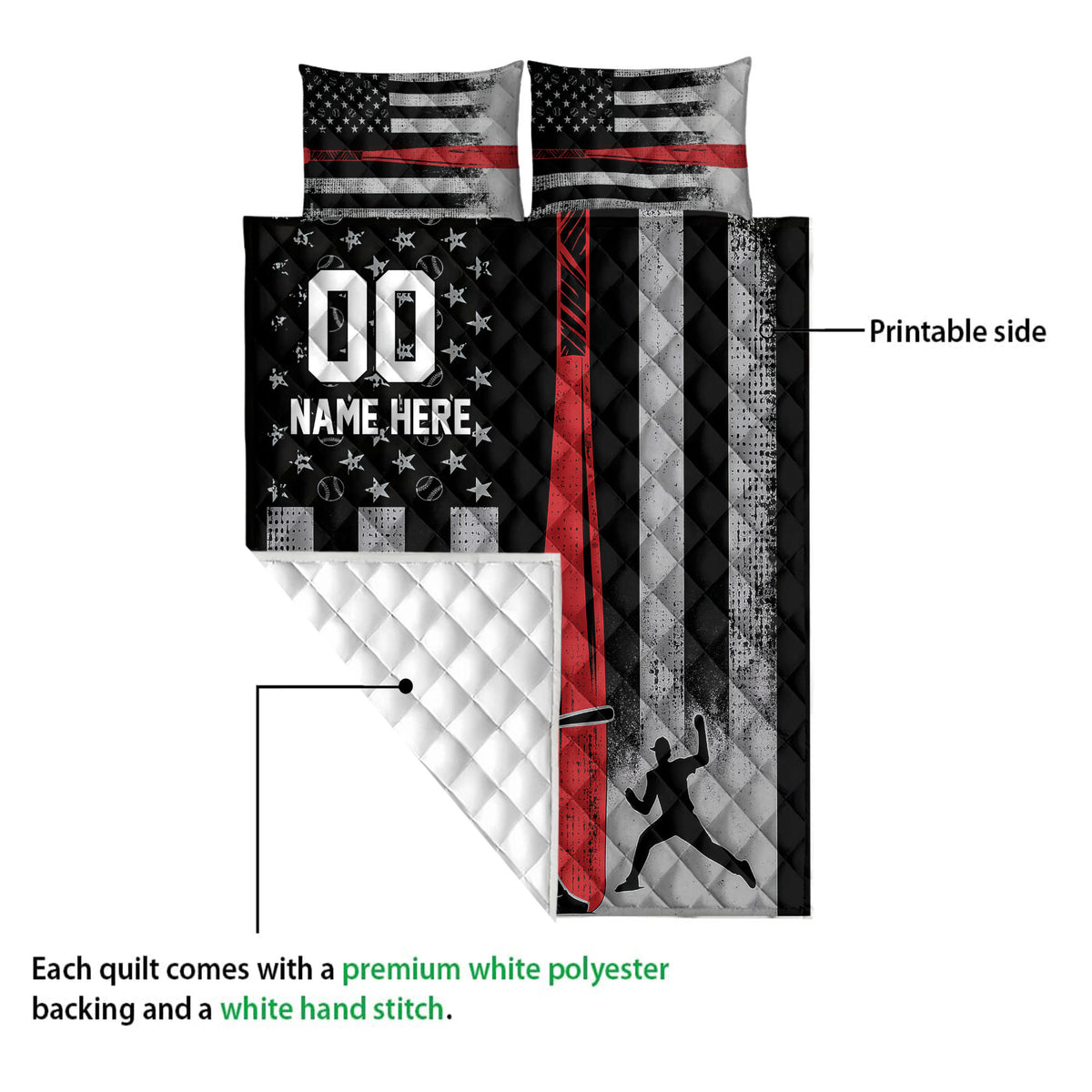 Baseball quilt blanket detail showing the printed front, quilted backing, striped artwork, and batter silhouette