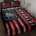 Veteran quilt blanket in a bedroom with patriotic dog tags, stars, red stripes, and black background