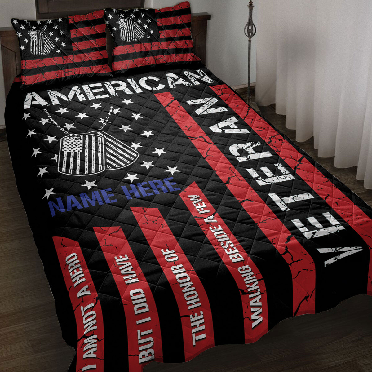 Veteran quilt blanket in a bedroom with patriotic dog tags, stars, red stripes, and black background