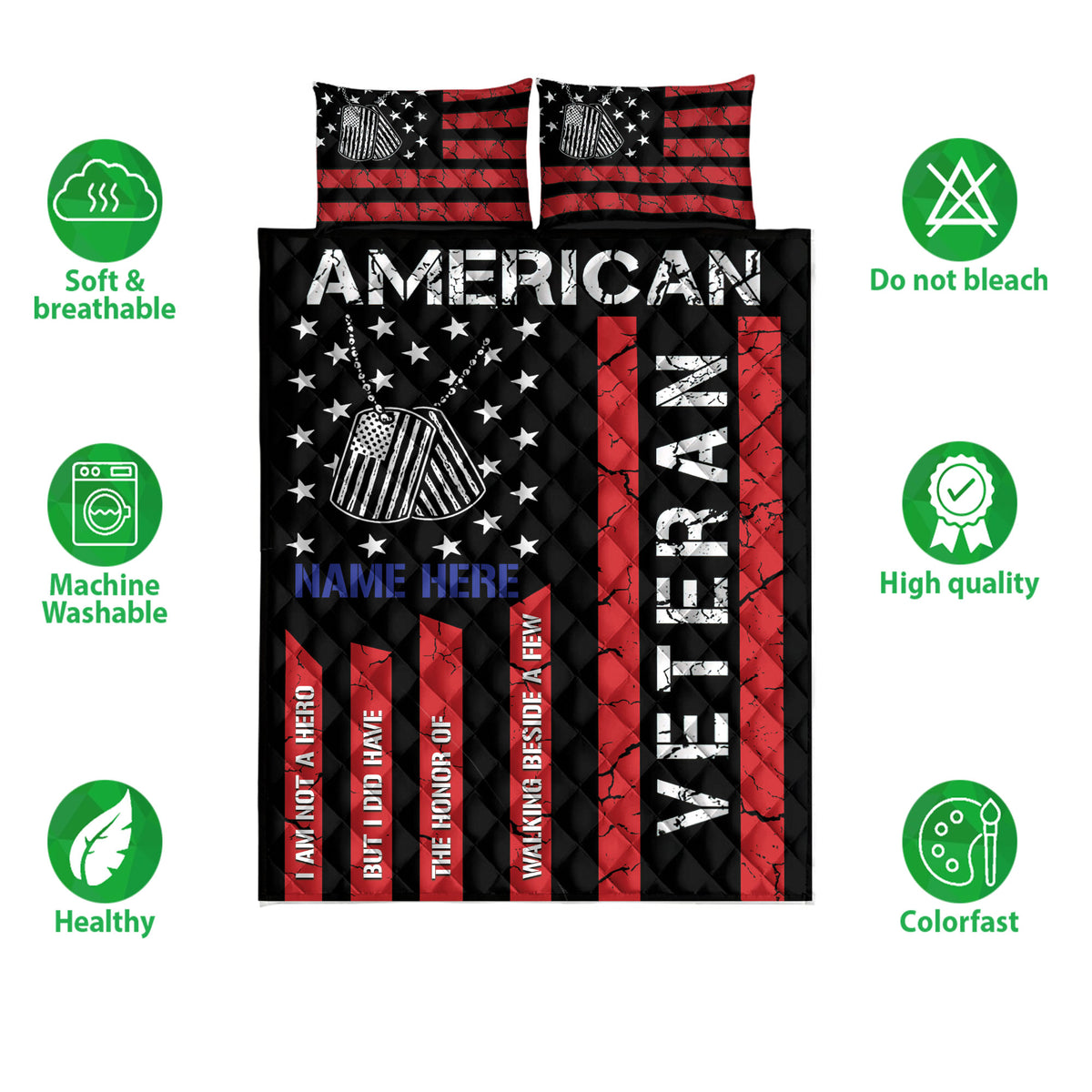 Patriotic veteran quilt bedding set displayed with dog tag artwork, stars, red stripes, and black accents