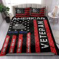 Patriotic veteran quilt blanket styled on a bed with dog tags, stars, red stripes, and bold lettering