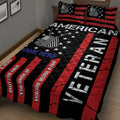 Veteran quilt bedding in a bedroom featuring patriotic dog tags, stars, red and black stripes