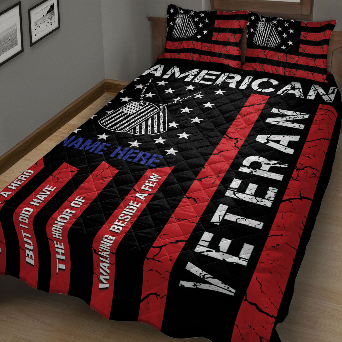 Veteran quilt bedding in a bedroom featuring patriotic dog tags, stars, red and black stripes