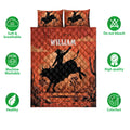 Rodeo quilt bedding set displayed with bull rider artwork and product feature icons