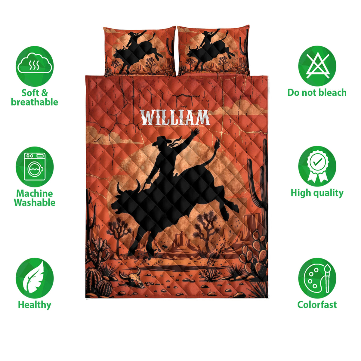 Rodeo quilt bedding set displayed with bull rider artwork and product feature icons