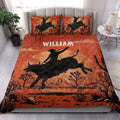 Rodeo quilt blanket styled in a bedroom with bull rider silhouettes, cacti, desert scenery, and western colors