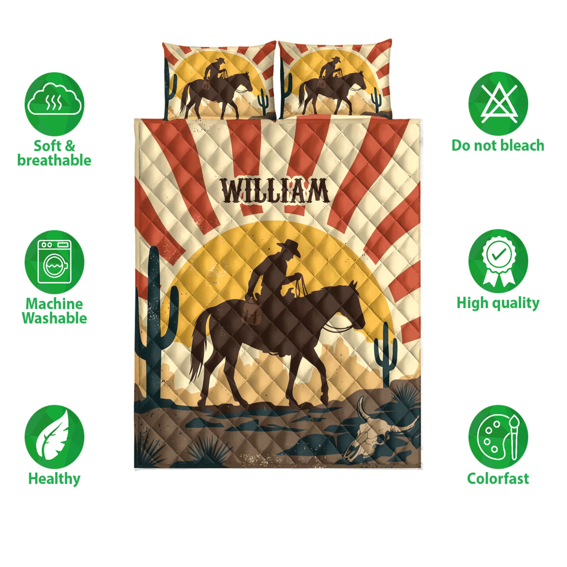 Rodeo quilt bedding set displayed with cowboy and horse silhouettes, cacti, desert colors, and western artwork