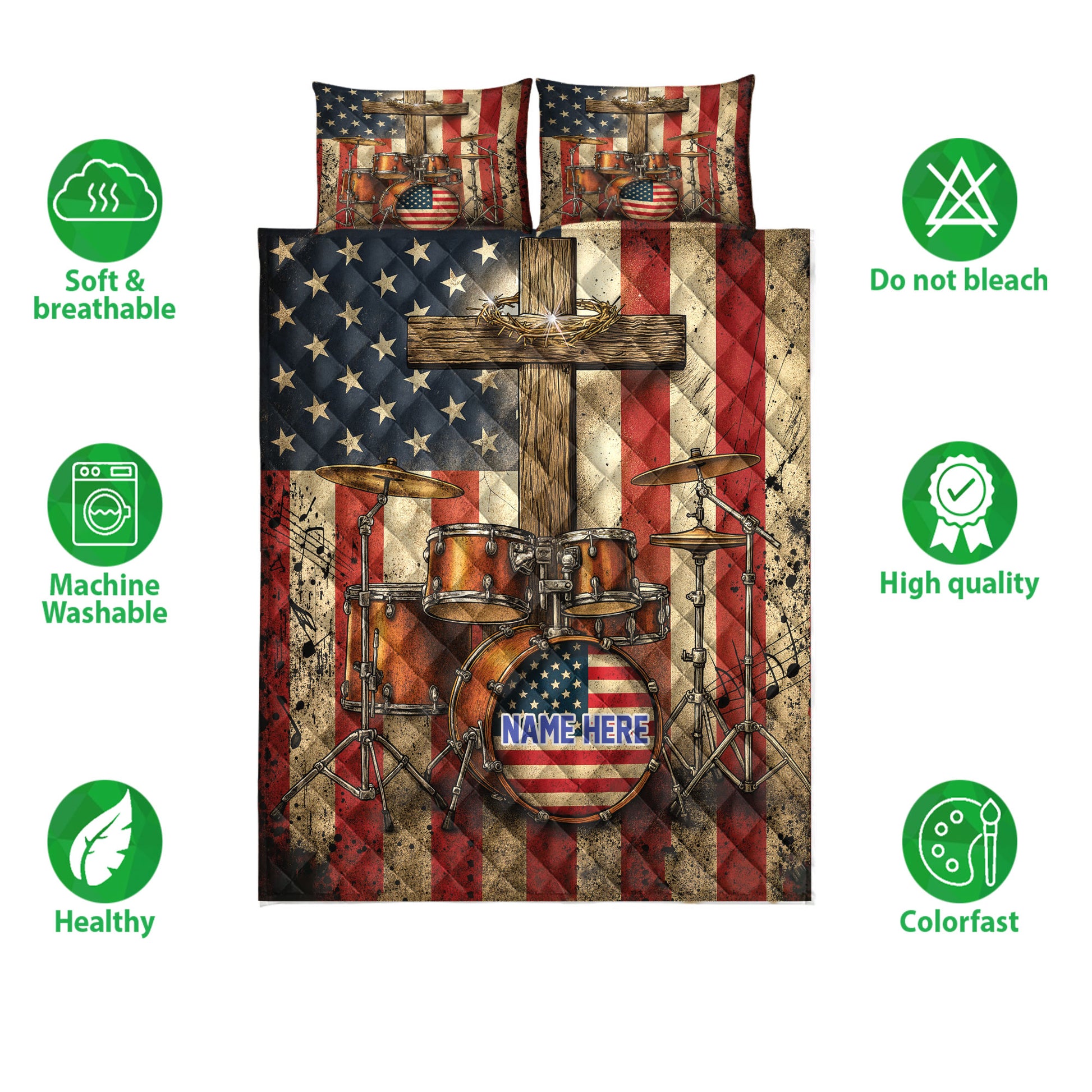 Drum quilt bedding set shown with patriotic artwork and product feature icons