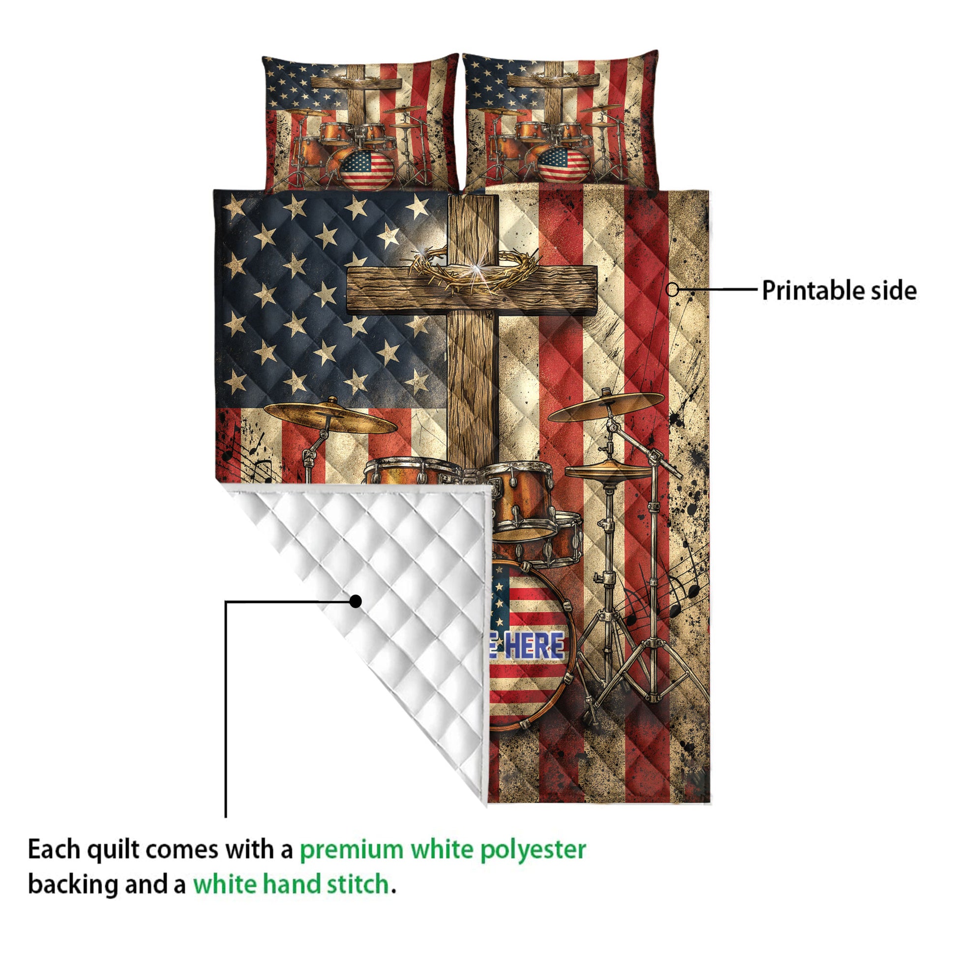 Drum quilt showing its printed front, quilted backing, and white stitched finish