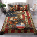 Drum quilt bedding set styled in a bright bedroom with bold patriotic music artwork
