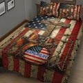 Close bedroom view of a drum quilt blanket with detailed drum kit artwork