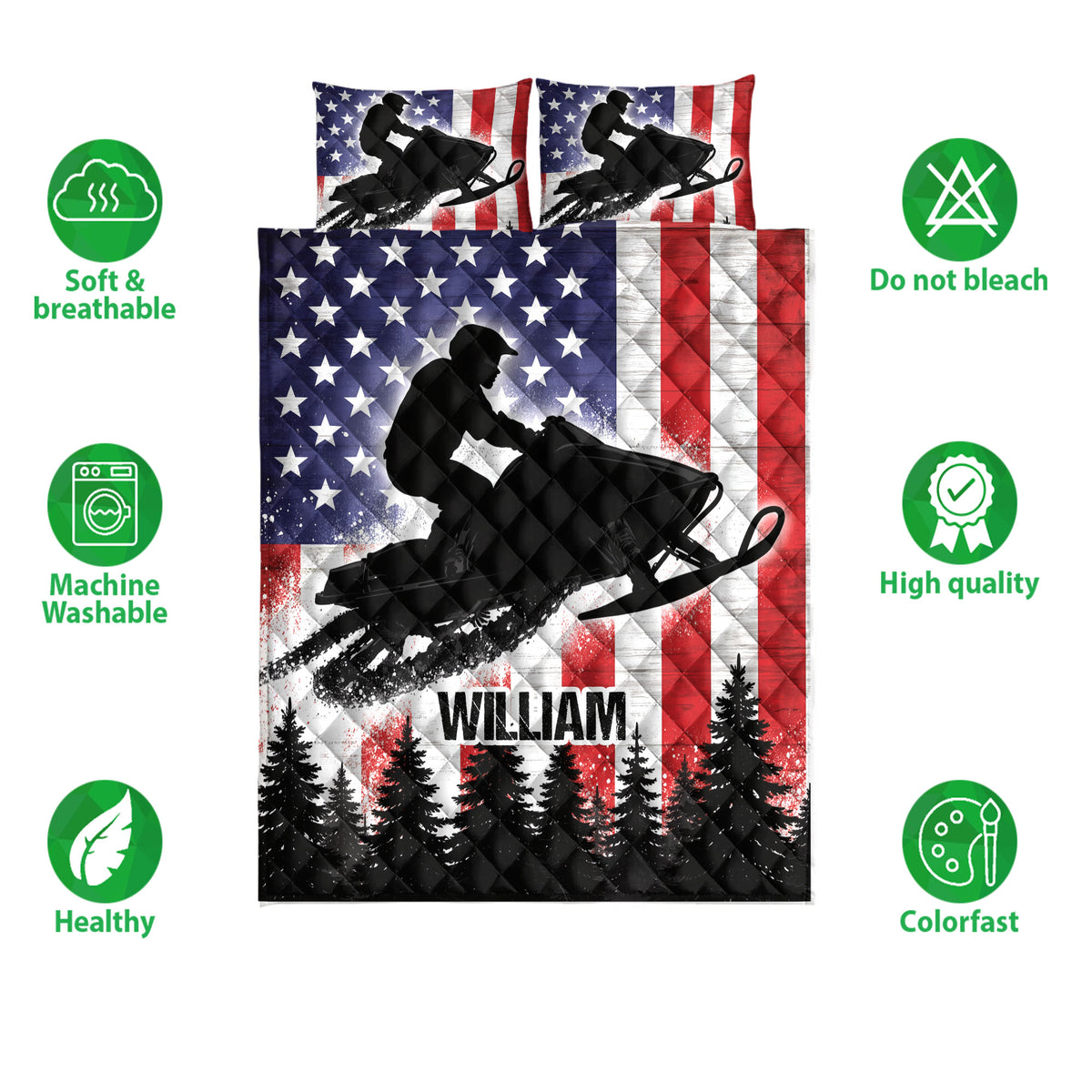 Snowmobile quilt bedding set shown flat with rider silhouettes, patriotic colors, and evergreen tree artwork