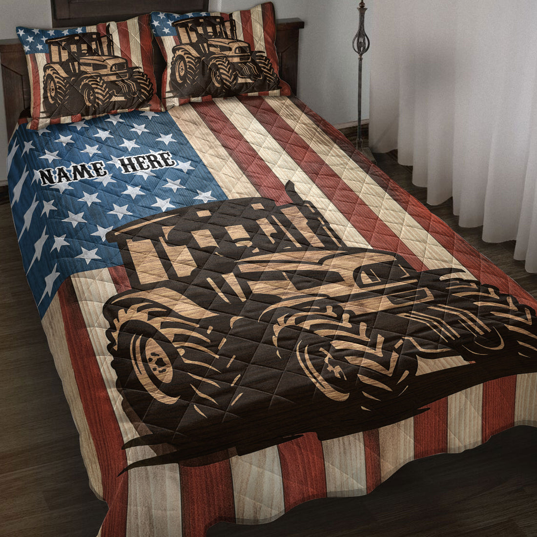 Tractor quilt blanket displayed on a bed with patriotic stars and stripes artwork