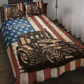 Tractor quilt blanket displayed on a bed with patriotic stars and stripes artwork