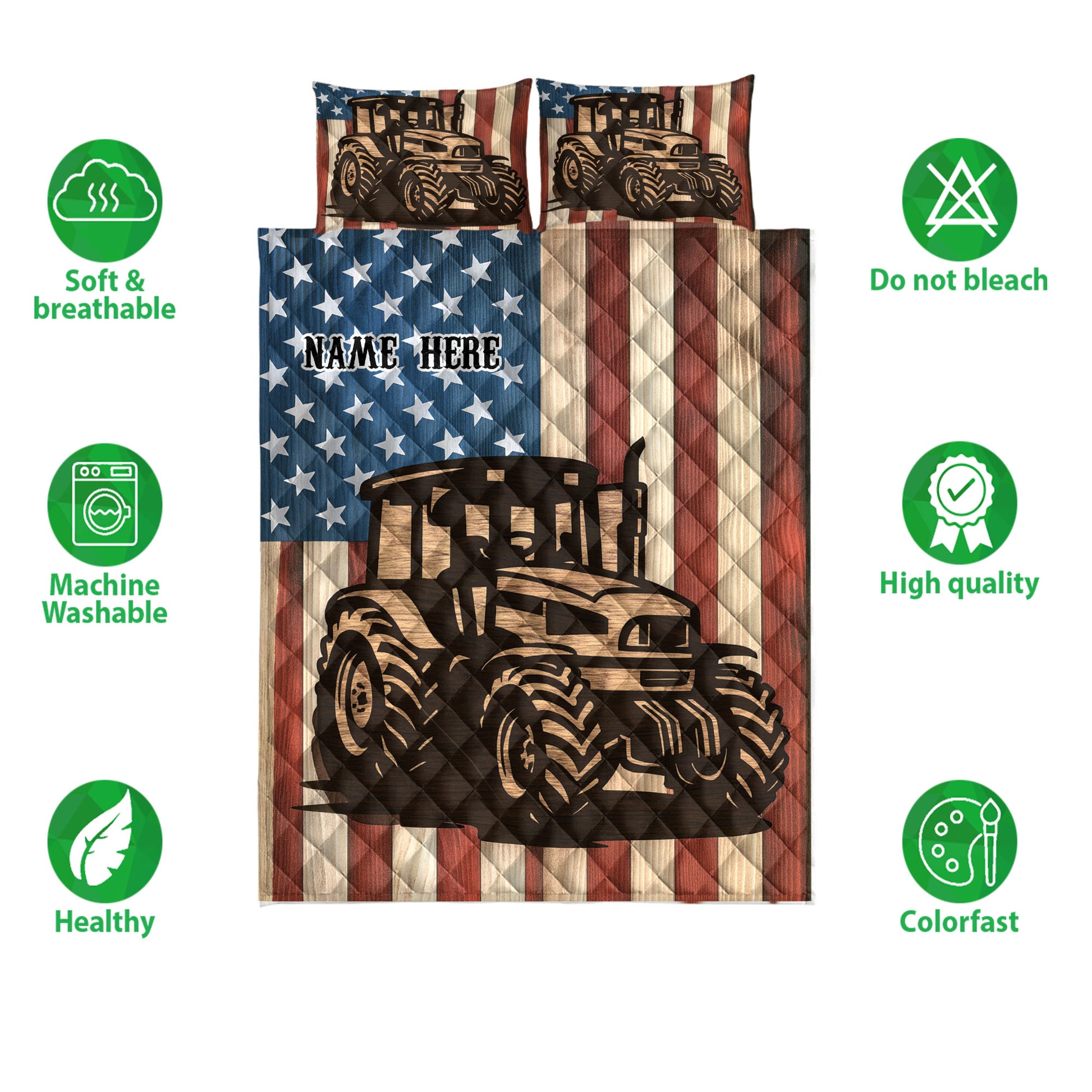 Tractor quilt bedding set shown flat with patriotic artwork and product feature icons