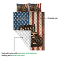 Tractor quilt showing the printed front, white quilted backing, and bedding details